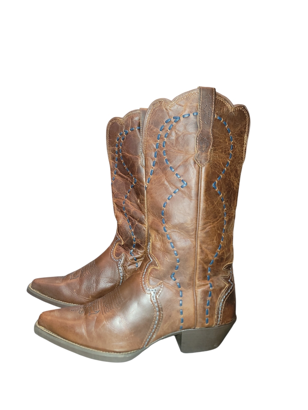 Justin Boots Brown Leather Western Boots with Blue Stitching Sz 8